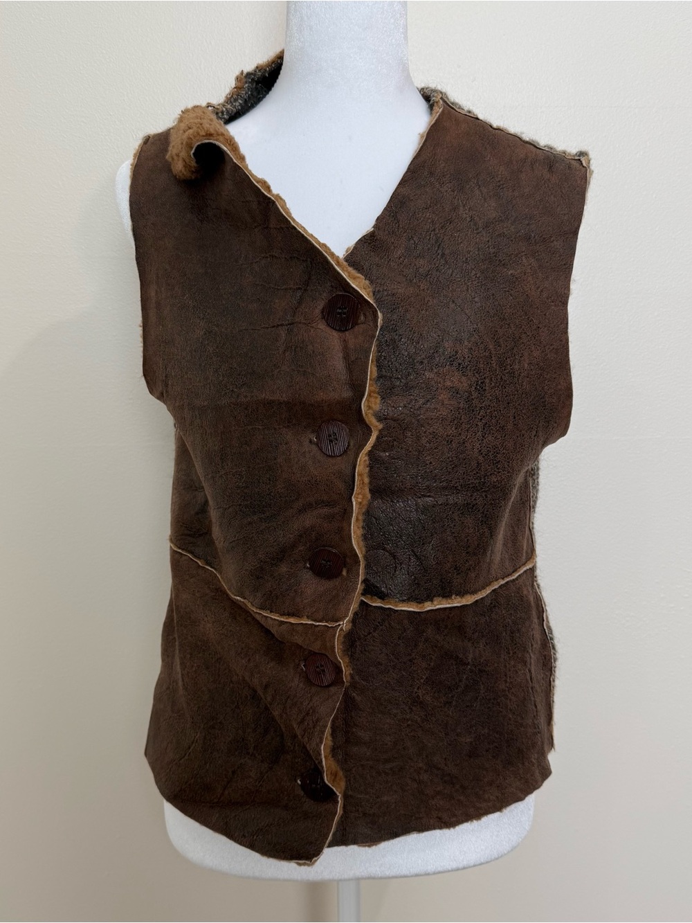 Vintage searle blatt Brown Shearling-Trim Faux-Suede Vest